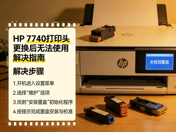 HP 7740 更换打印头无法使用？解决缺少“安装墨盒”初始化问题