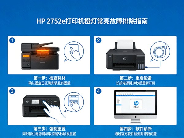 打印机橙灯一直亮着不灭怎么办？HP 2752e 强制重置与故障排除